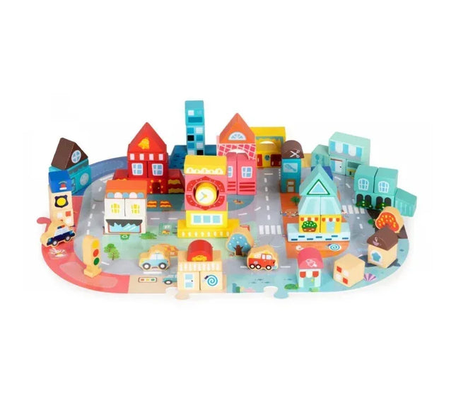 Set educational cu blocuri din lemn si covoras tip puzzle, 88 piese, City Ecotoys MA705 - Bebeboo - Totul pentru copii. Jucării, Hăinuțe, Perne, Mobilier, Textile