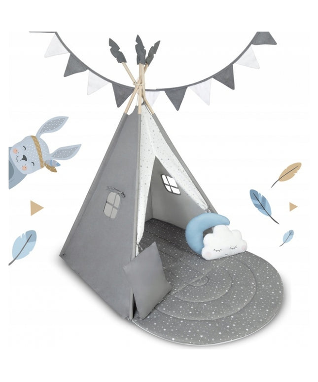 Cort de joaca pentru copii cu ghirlanda, salteluta si 3 pernite Nukido 116 x 116 x 165 cm - Gri
