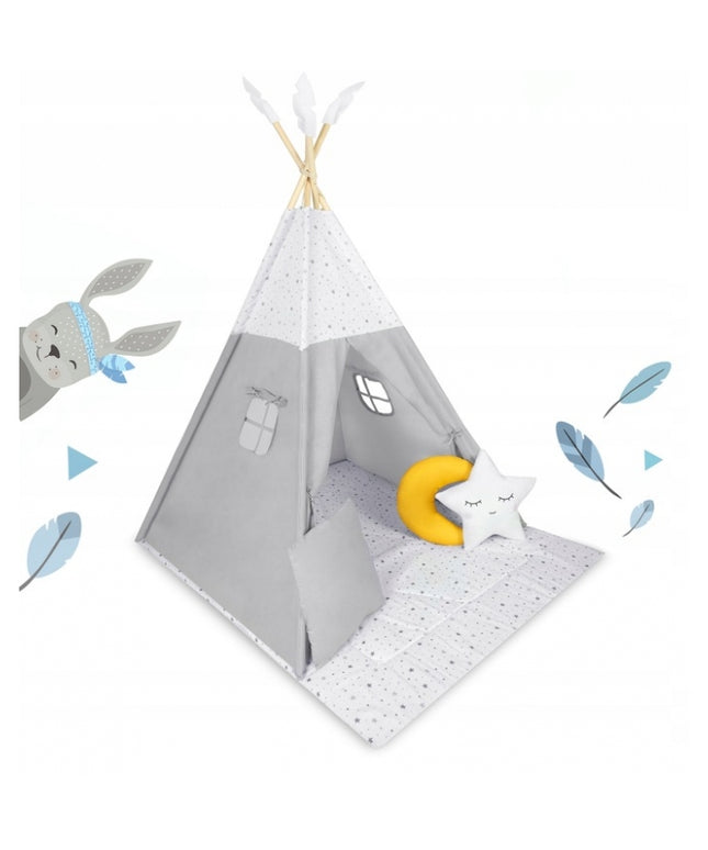 Cort de joaca pentru copii cu salteluta si 3 pernite Nukido 116 x 116 x 165 cm - Gri