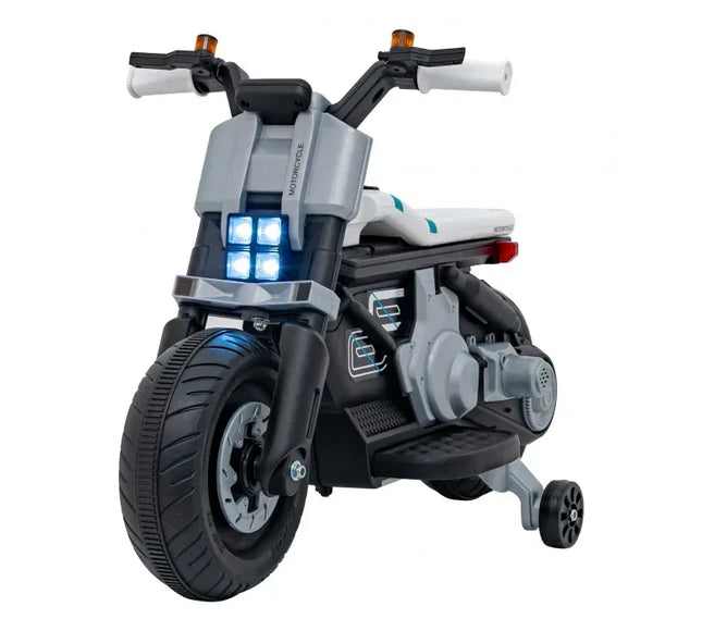 Motocicleta electrica Future QLS-805, roti din plastic + 2 roti ajutatoare, 88x46x56 cm, putere 25W - Alb - Bebeboo - Totul pentru copii. Jucării, Hăinuțe, Perne, Mobilier, Textile