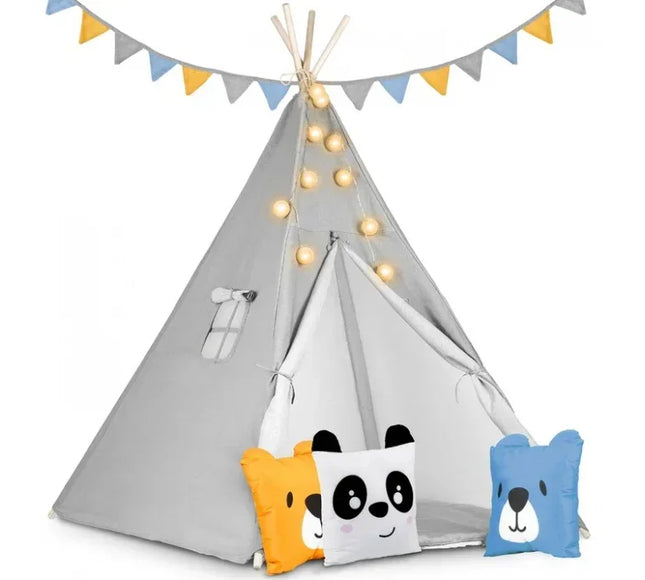 Cort de joaca pentru copii cu ghirlanda, lumini si 3 pernite Nukido 120 x 120 x 165 cm - Gri - Bebeboo - Totul pentru copii. Jucării, Hăinuțe, Perne, Mobilier, Textile