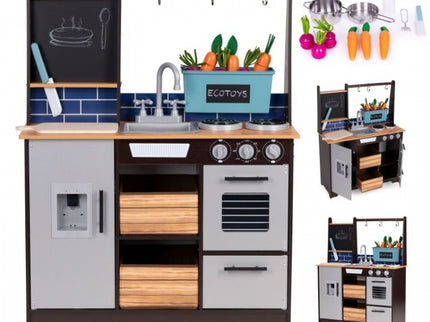 Bucatarie din lemn pentru copii cu accesorii, 74 x 29.5 x 96 cm, Ecotoys TL40030