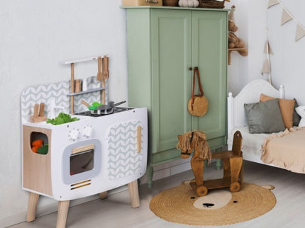 Bucatarie din lemn pentru copii cu accesorii, 58 x 29 x 73 cm, Ecotoys W10C863