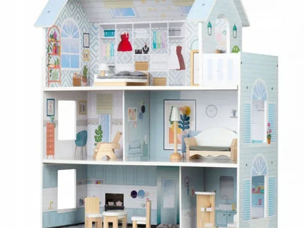 Casuta de papusi din lemn cu 3 etaje, mobilier inclus, 60 x 24 x 70 cm, Ricokids RK-878 - Albastru deschis - Bebeboo - Totul pentru copii. Jucării, Hăinuțe, Perne, Mobilier, Textile