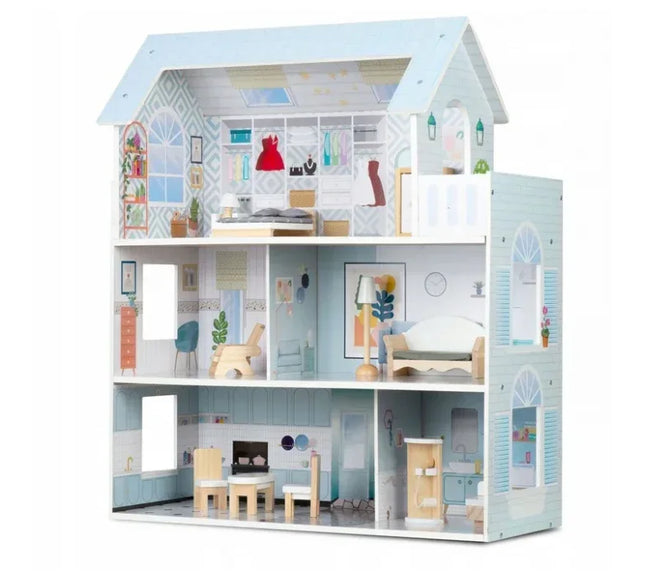 Casuta de papusi din lemn cu 3 etaje, mobilier inclus, 60 x 24 x 70 cm, Ricokids RK-878 - Albastru deschis - Bebeboo - Totul pentru copii. Jucării, Hăinuțe, Perne, Mobilier, Textile