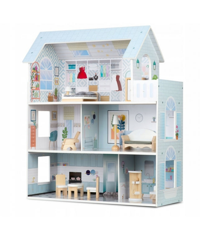 Casuta de papusi din lemn cu 3 etaje, mobilier inclus, 60 x 24 x 70 cm, Ricokids RK-878 - Albastru deschis