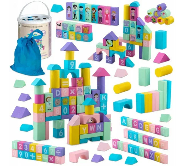 Set educational cu blocuri din lemn, 100 bucati, Ricokids RK-871 - Bebeboo - Totul pentru copii. Jucării, Hăinuțe, Perne, Mobilier, Textile