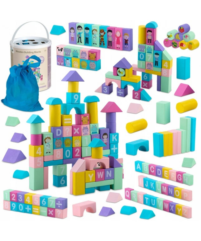 Set educational cu blocuri din lemn, 100 bucati, Ricokids RK-871
