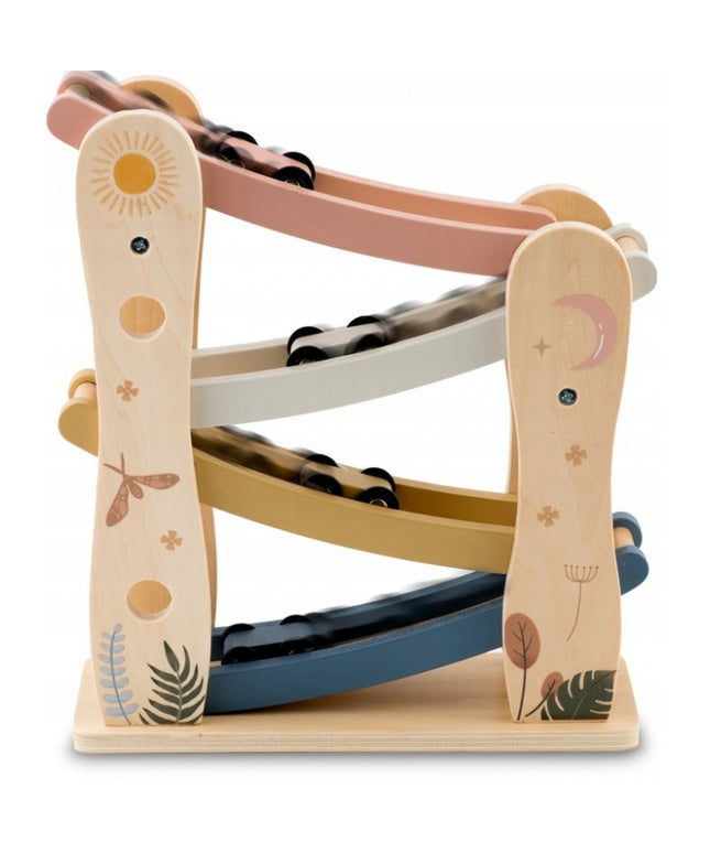 Rampa din lemn cu 4 masinute incluse, 25.5 x 9 x 30 cm, Nukido NK-855