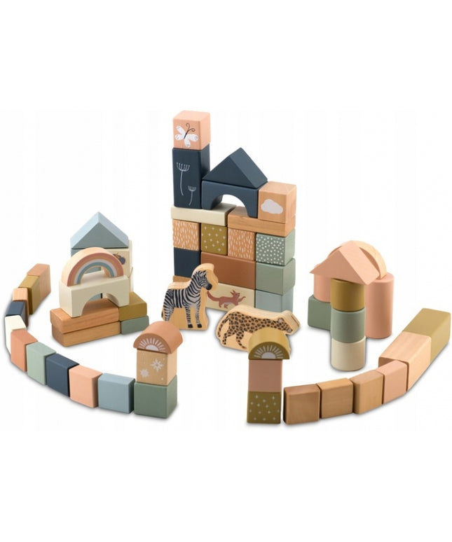 Set educational cu blocuri din lemn, 70 bucati, Nukido NK-858