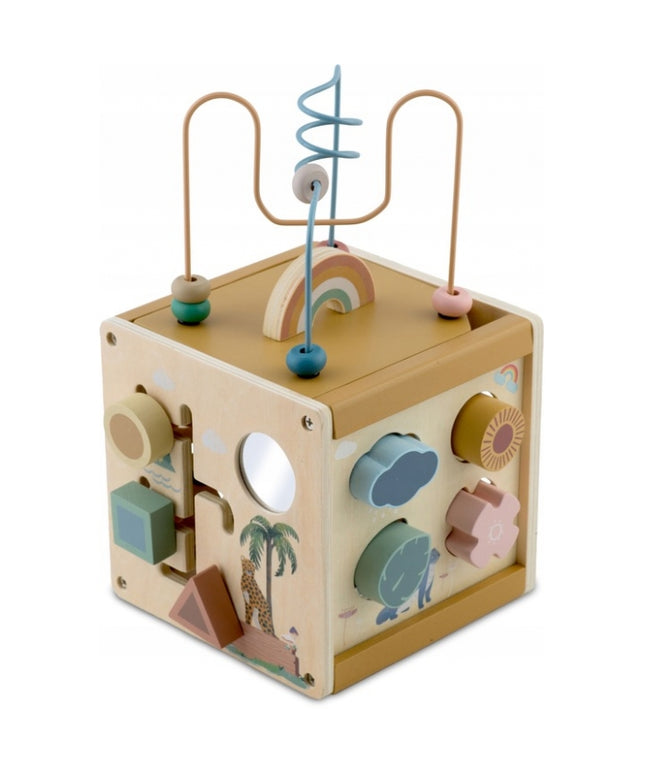 Cub educational din lemn cu diverse activitati, 15.5 x 17 cm, Nukido NK-861