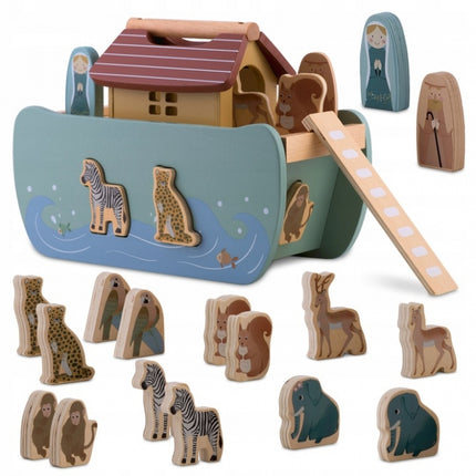 Jucarie educativa Arca lui Noe din lemn cu animalute, 17.5 x 13.5 x 20 cm, Nukido NK-862