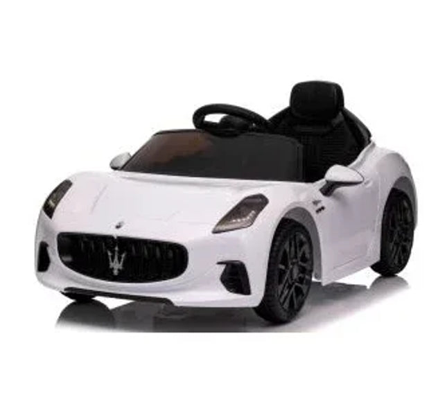 Masinuta electrica cu telecomanda MASERATI GranTurismo, 99x59.5x44 cm, varsta 1-4 ani, roti EVA, scaun din piele ECO, putere 90W - Alb - Bebeboo - Totul pentru copii. Jucării, Hăinuțe, Perne, Mobilier, Textile