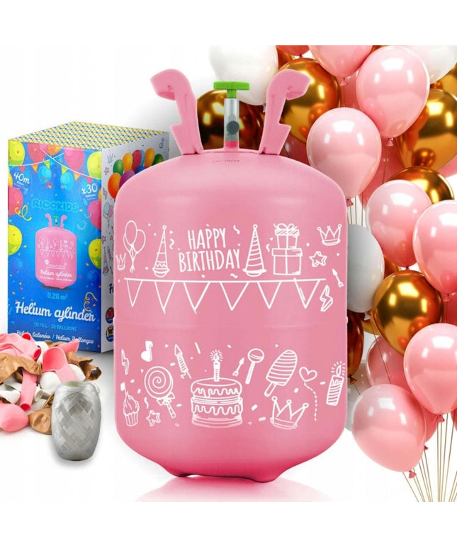 Cilindru cu heliu 0.20 m3 cu 30 de baloane si 40m panglica Ricokids 799001 - Roz