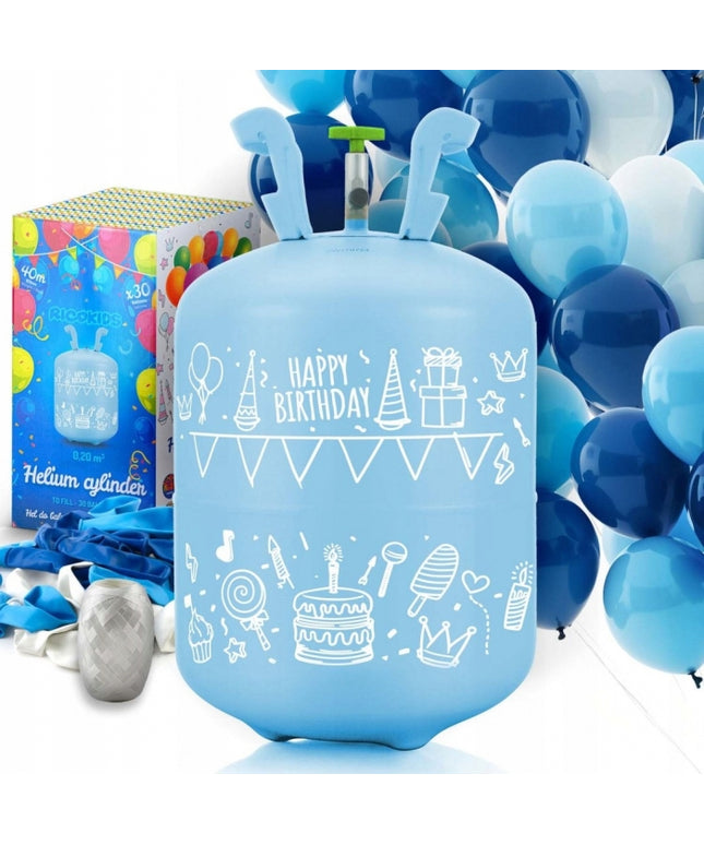 Cilindru cu heliu 0.20 m3 cu 30 de baloane si 40m panglica Ricokids 799002 - Albastru