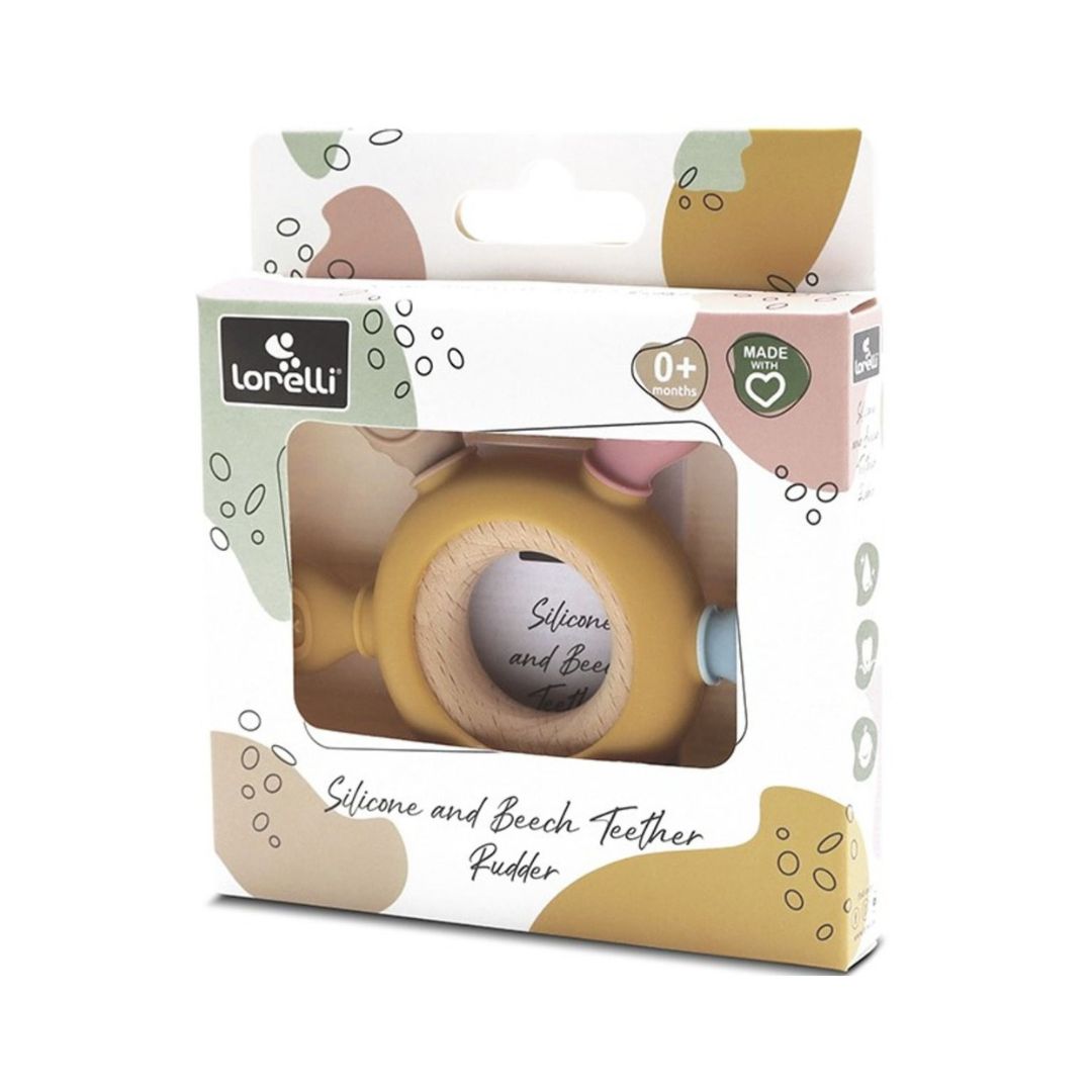 Jucărie dentiție pentru bebeluși - Inel Galben, din silicon și lemn, 0 luni+