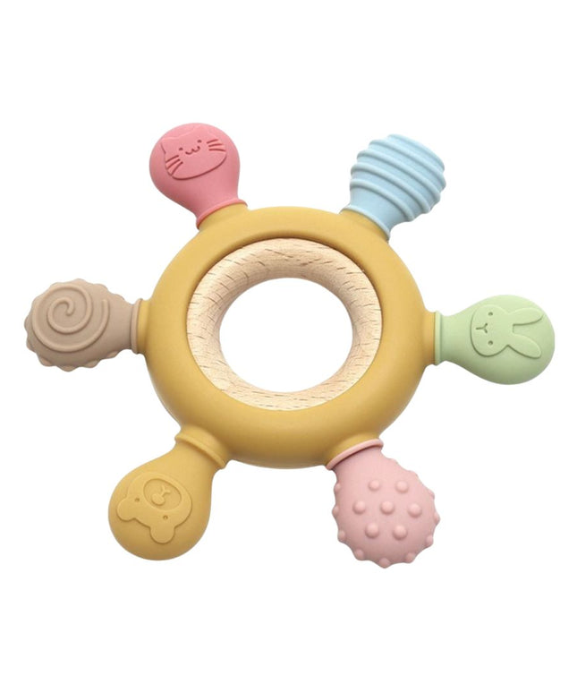 Jucărie dentiție pentru bebeluși - Inel Galben, din silicon și lemn, 0 luni+
