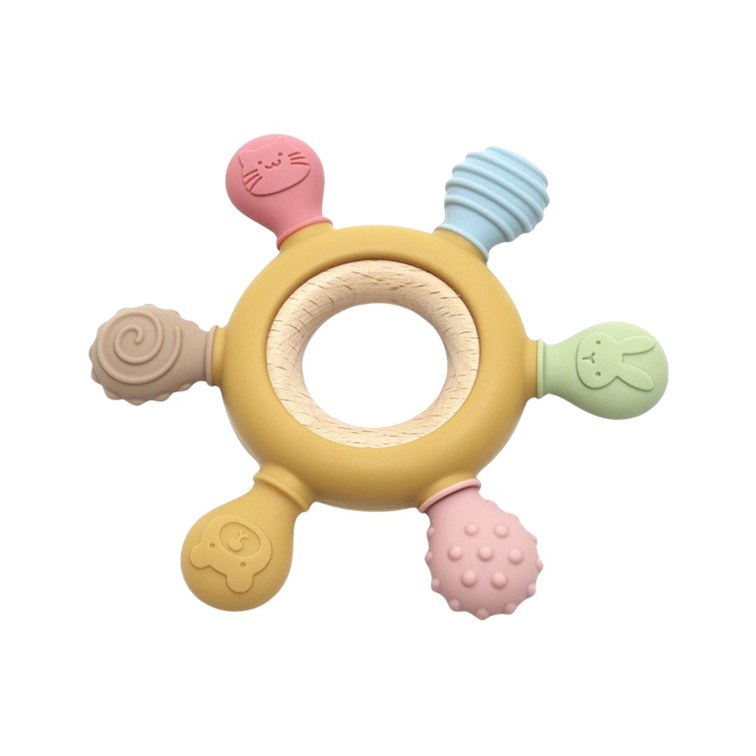 Jucărie dentiție pentru bebeluși - Inel Galben, din silicon și lemn, 0 luni+