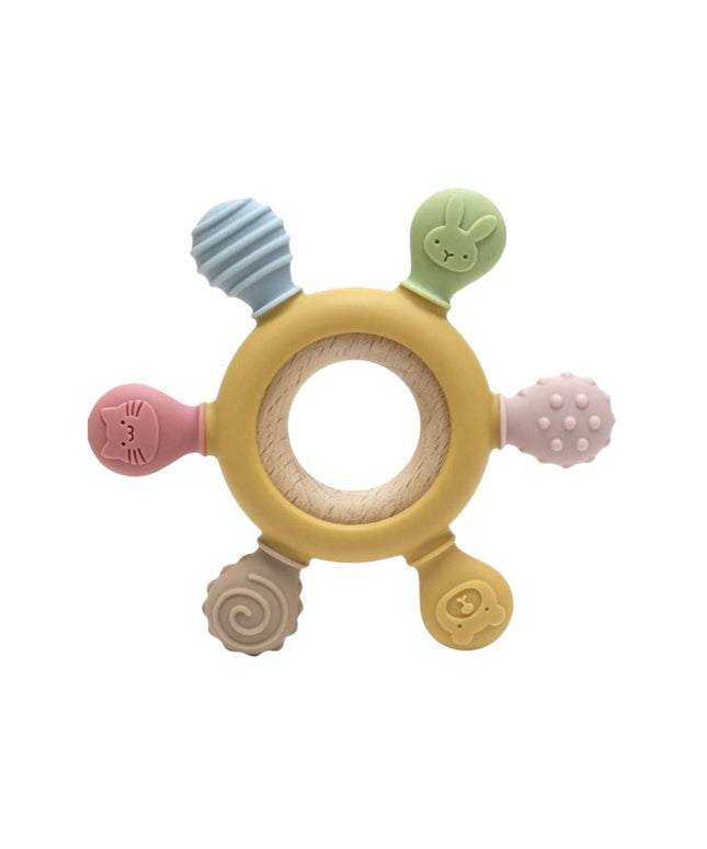 Jucărie dentiție pentru bebeluși - Inel Galben, din silicon și lemn, 0 luni+