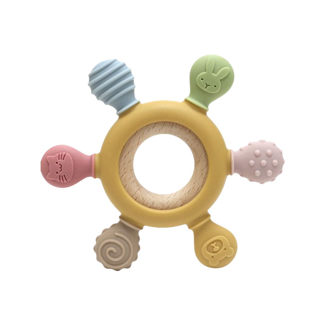 Jucărie dentiție pentru bebeluși - Inel Galben, din silicon și lemn, 0 luni+