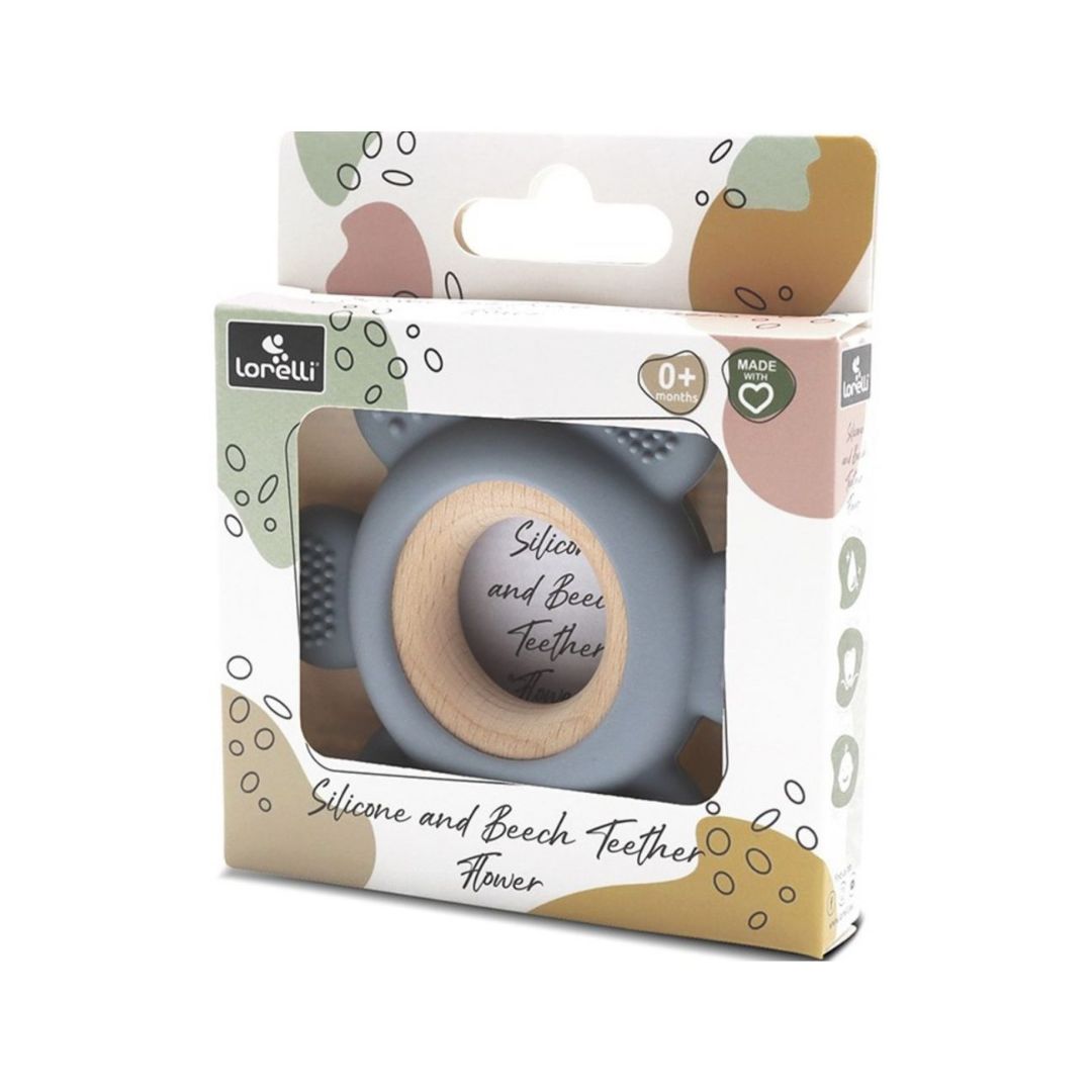 Jucărie dentiție pentru bebeluși - Inel Gri, din silicon și lemn, 0 luni+