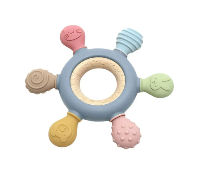 Jucărie dentiție pentru bebeluși - Inel Gri, din silicon și lemn, 0 luni+ - Bebeboo - Totul pentru copii. Jucării, Hăinuțe, Perne, Mobilier, Textile