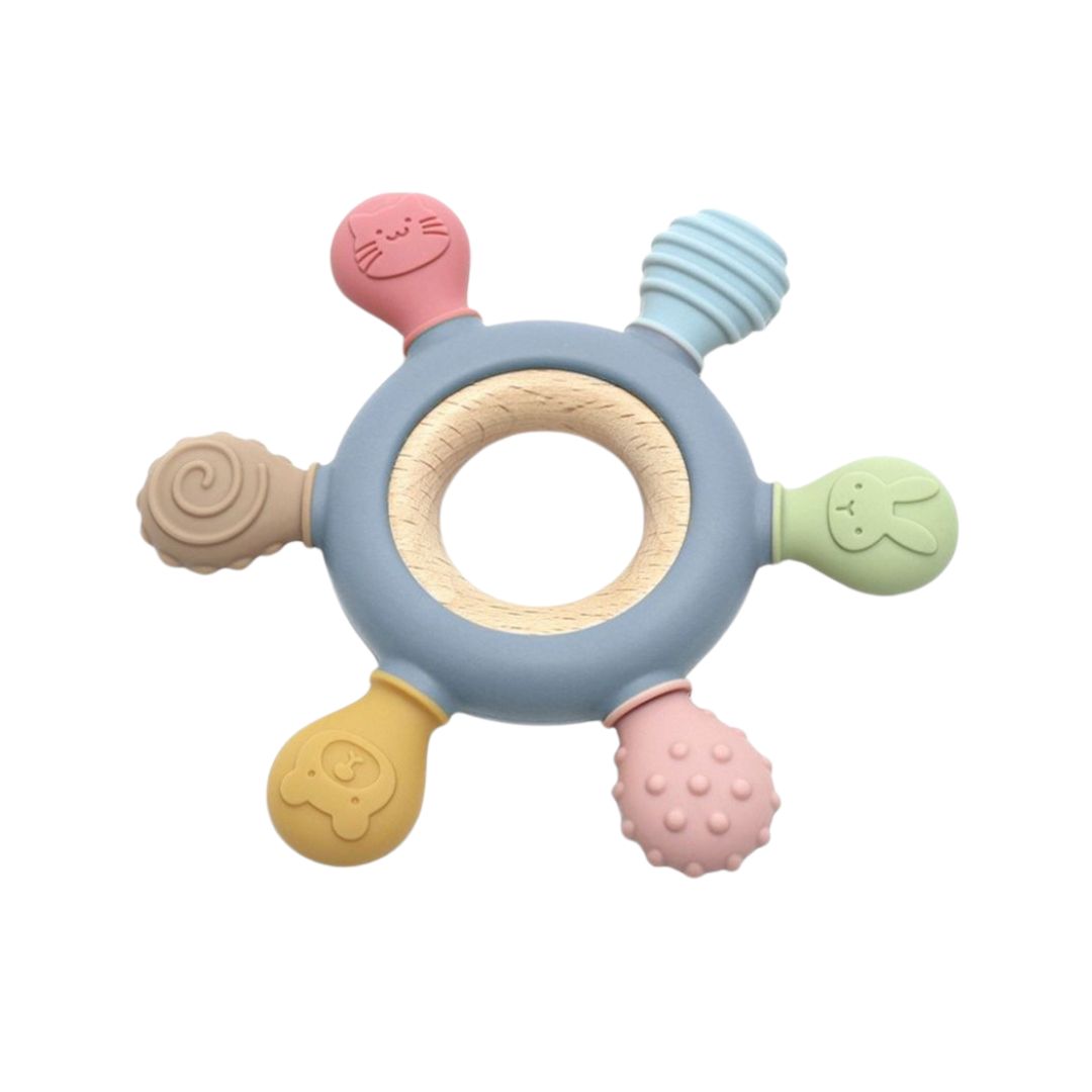 Jucărie dentiție pentru bebeluși - Inel Gri, din silicon și lemn, 0 luni+