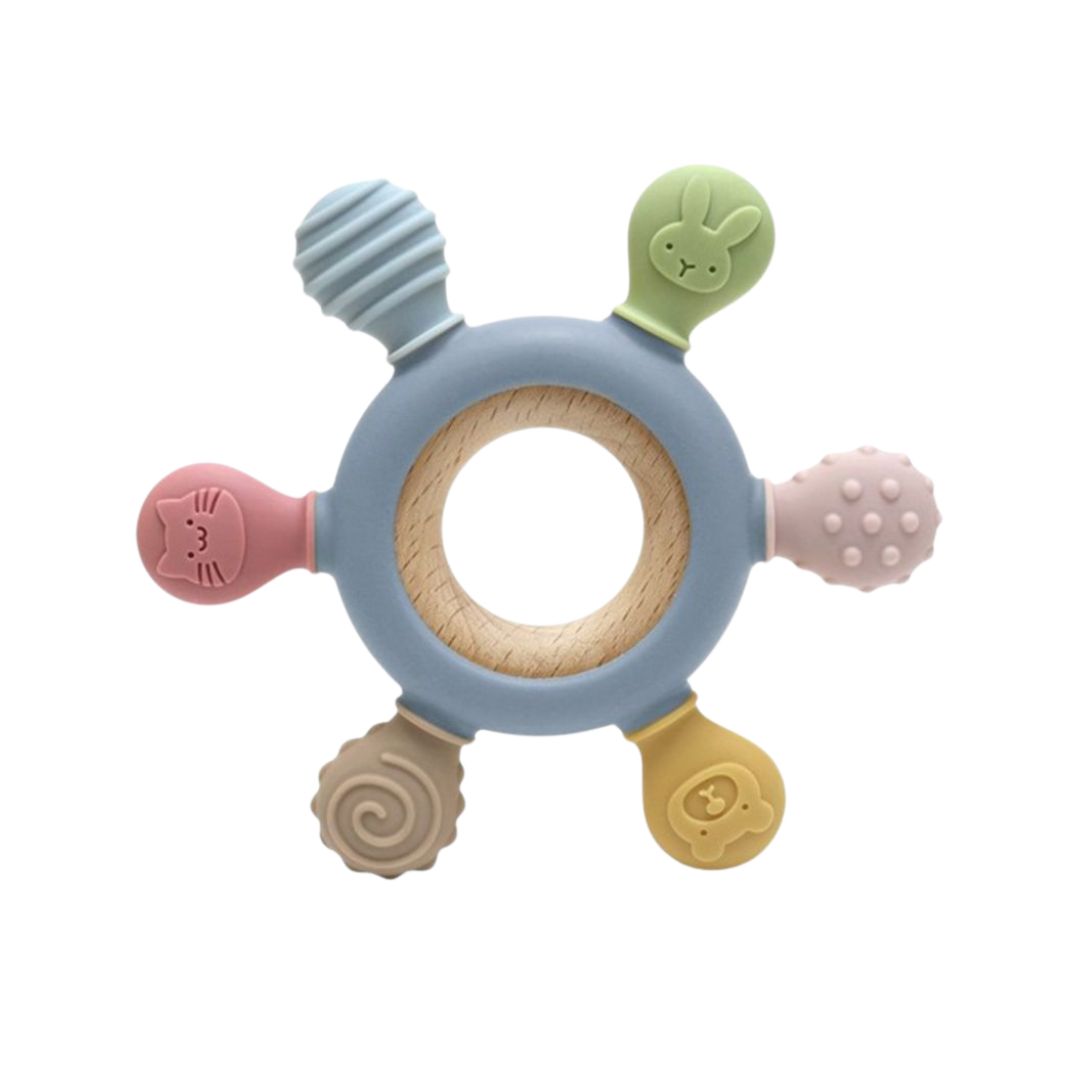 Jucărie dentiție pentru bebeluși - Inel Gri, din silicon și lemn, 0 luni+