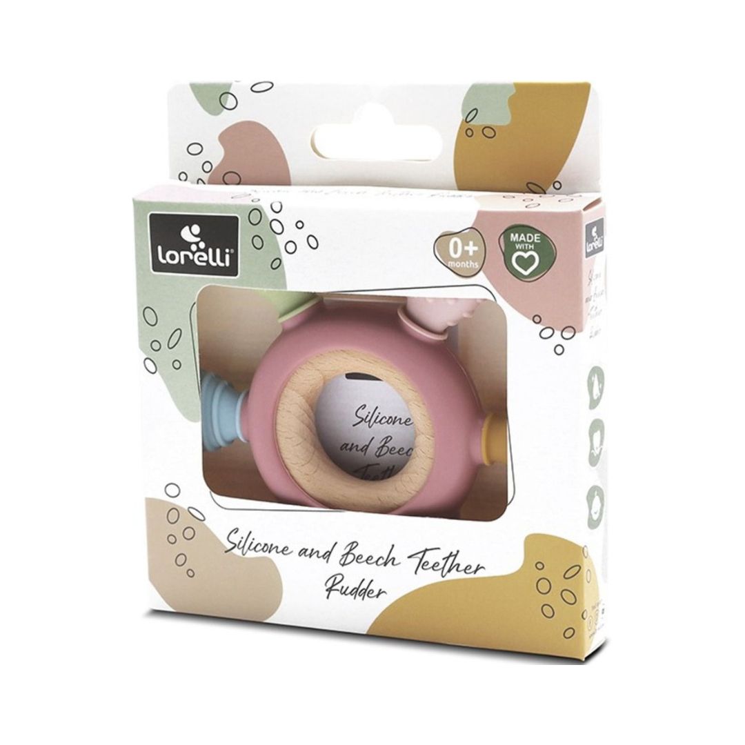 Jucărie dentiție pentru bebeluși - Inel Roz, din silicon și lemn, 0 luni+