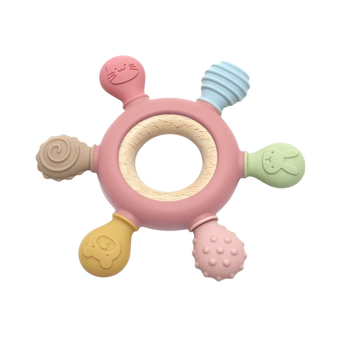 Jucărie dentiție pentru bebeluși - Inel Roz, din silicon și lemn, 0 luni+