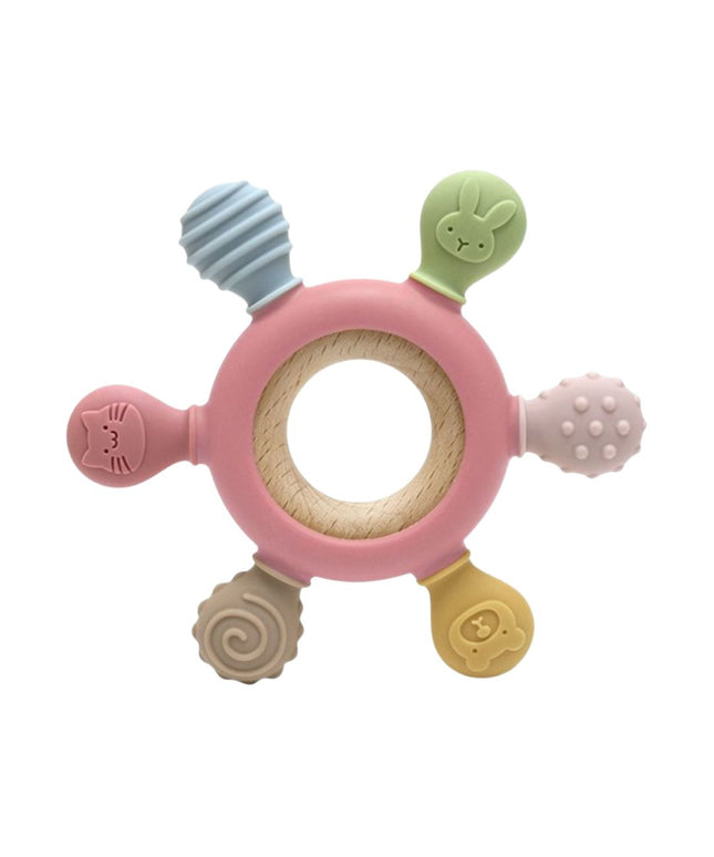 Jucărie dentiție pentru bebeluși - Inel Roz, din silicon și lemn, 0 luni+
