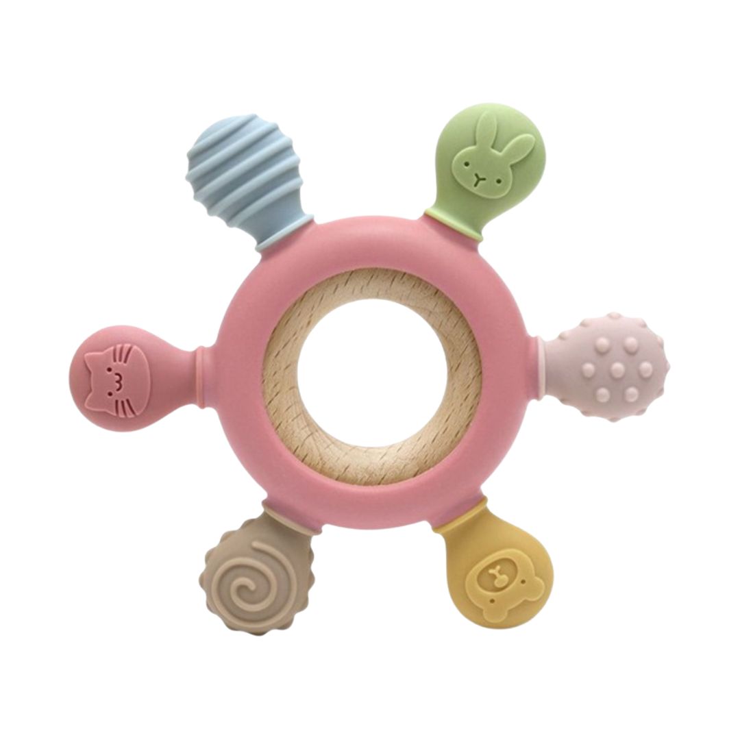 Jucărie dentiție pentru bebeluși - Inel Roz, din silicon și lemn, 0 luni+