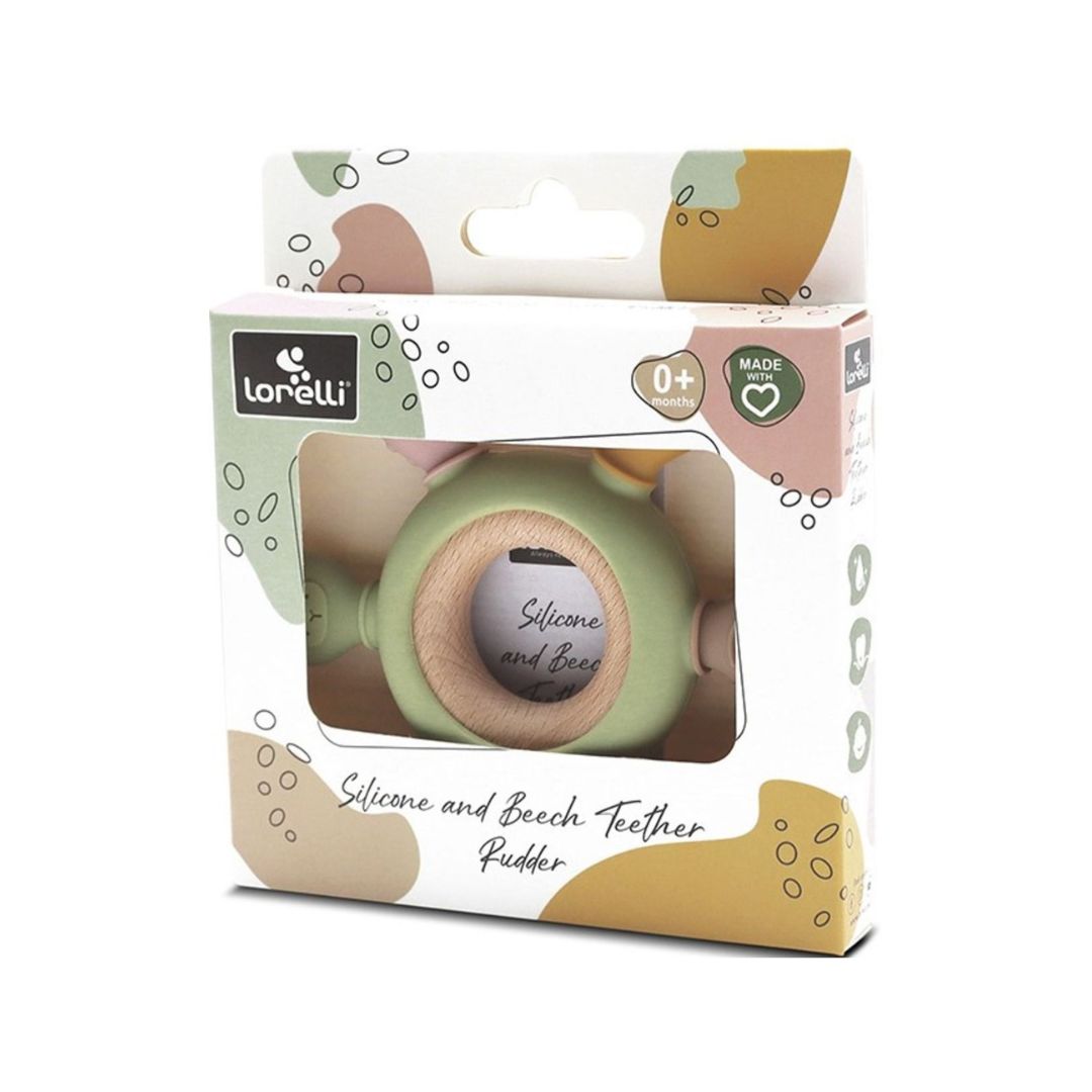 Jucărie dentiție pentru bebeluși - Inel Verde, din silicon și lemn, 0 luni+