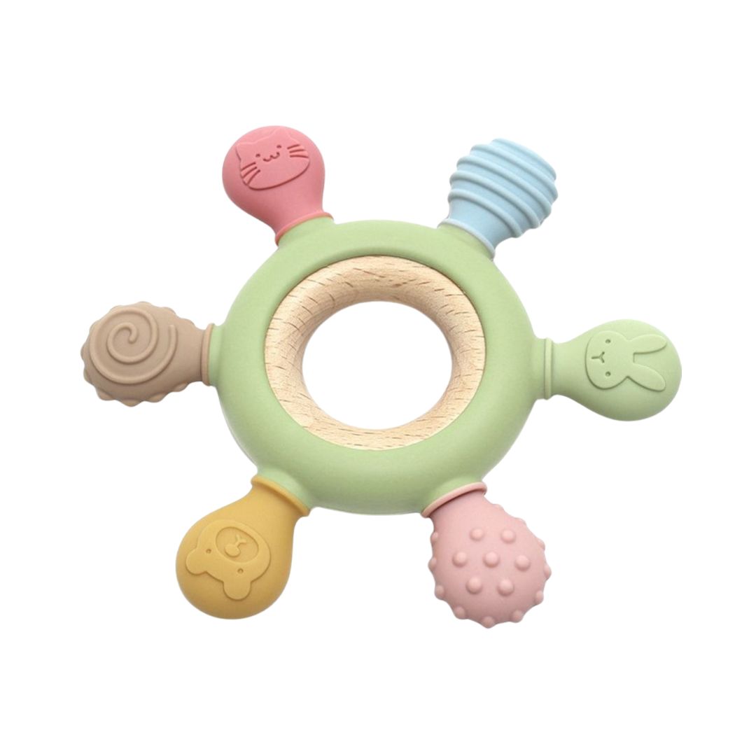 Jucărie dentiție pentru bebeluși - Inel Verde, din silicon și lemn, 0 luni+