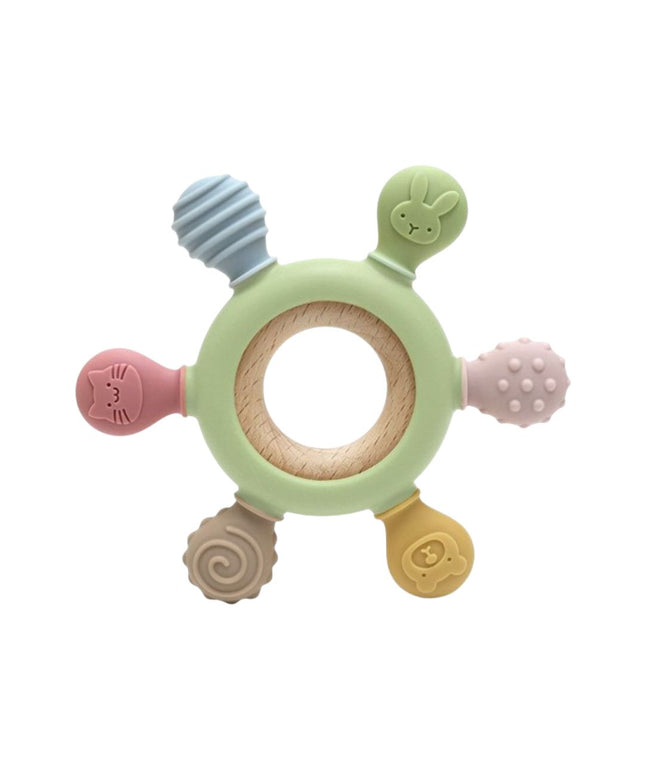 Jucărie dentiție pentru bebeluși - Inel Verde, din silicon și lemn, 0 luni+