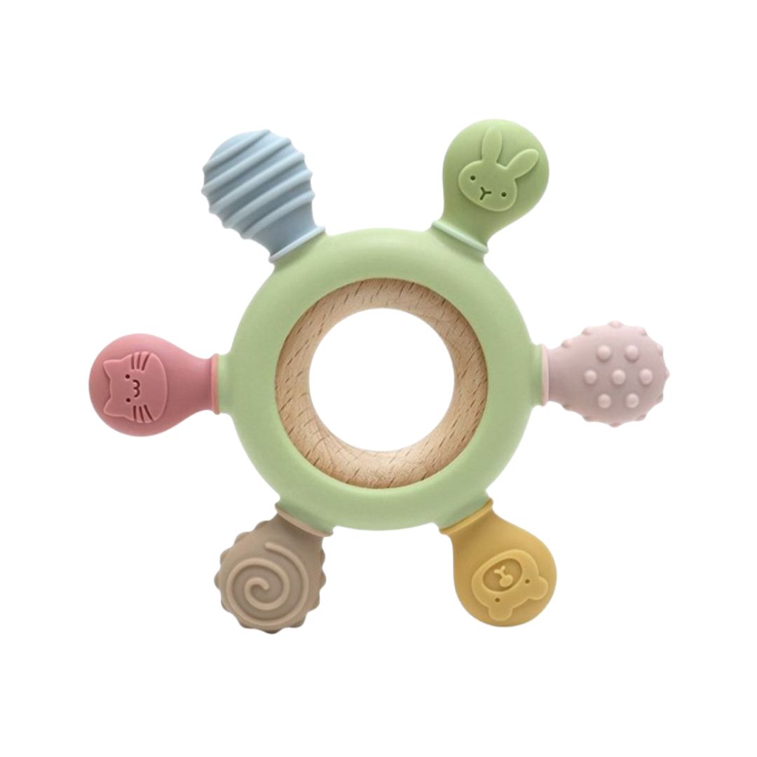 Jucărie dentiție pentru bebeluși - Inel Verde, din silicon și lemn, 0 luni+