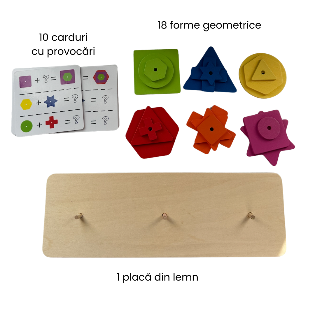 Joc de asociere forme geometrice, 18 piese din lemn, 10 carduri, 3 ani+