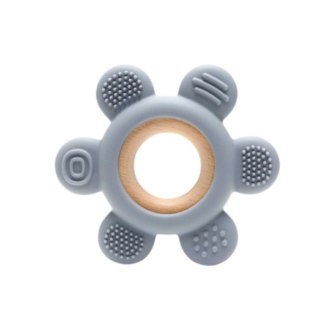 Jucărie Gingivală Silicon și Lemn – Floare Gri, 0 luni+