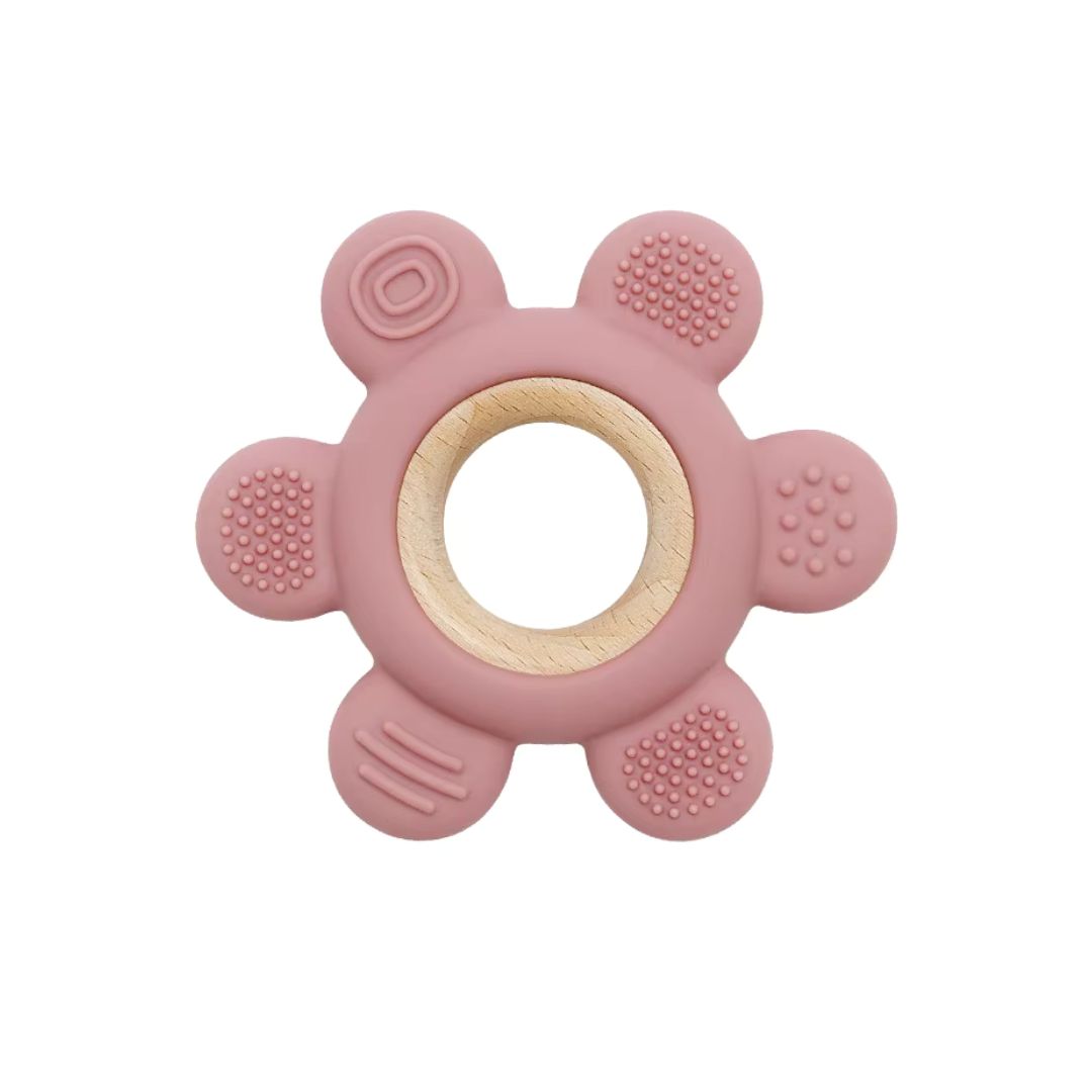Jucărie Gingivală Silicon și Lemn – Floare Roz, 0 luni+