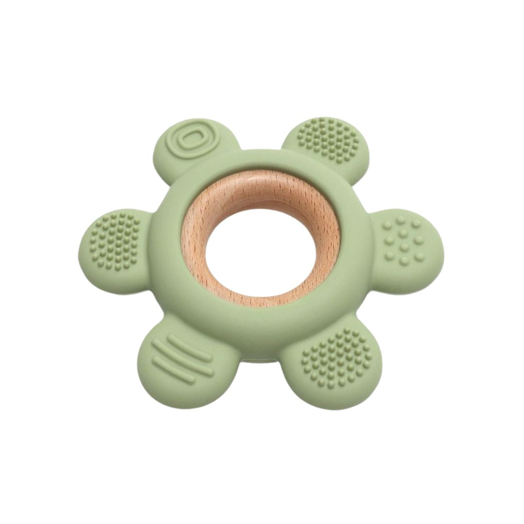 Jucărie Gingivală Silicon și Lemn – Floare Verde, 0 luni+