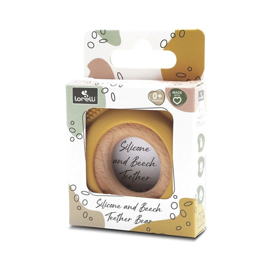 Jucărie Gingivală Silicon și Lemn – Ursuleț Galben, 0 luni+