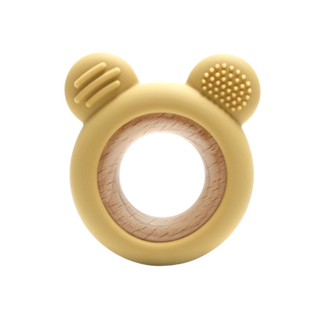 Jucărie Gingivală Silicon și Lemn – Ursuleț Galben, 0 luni+