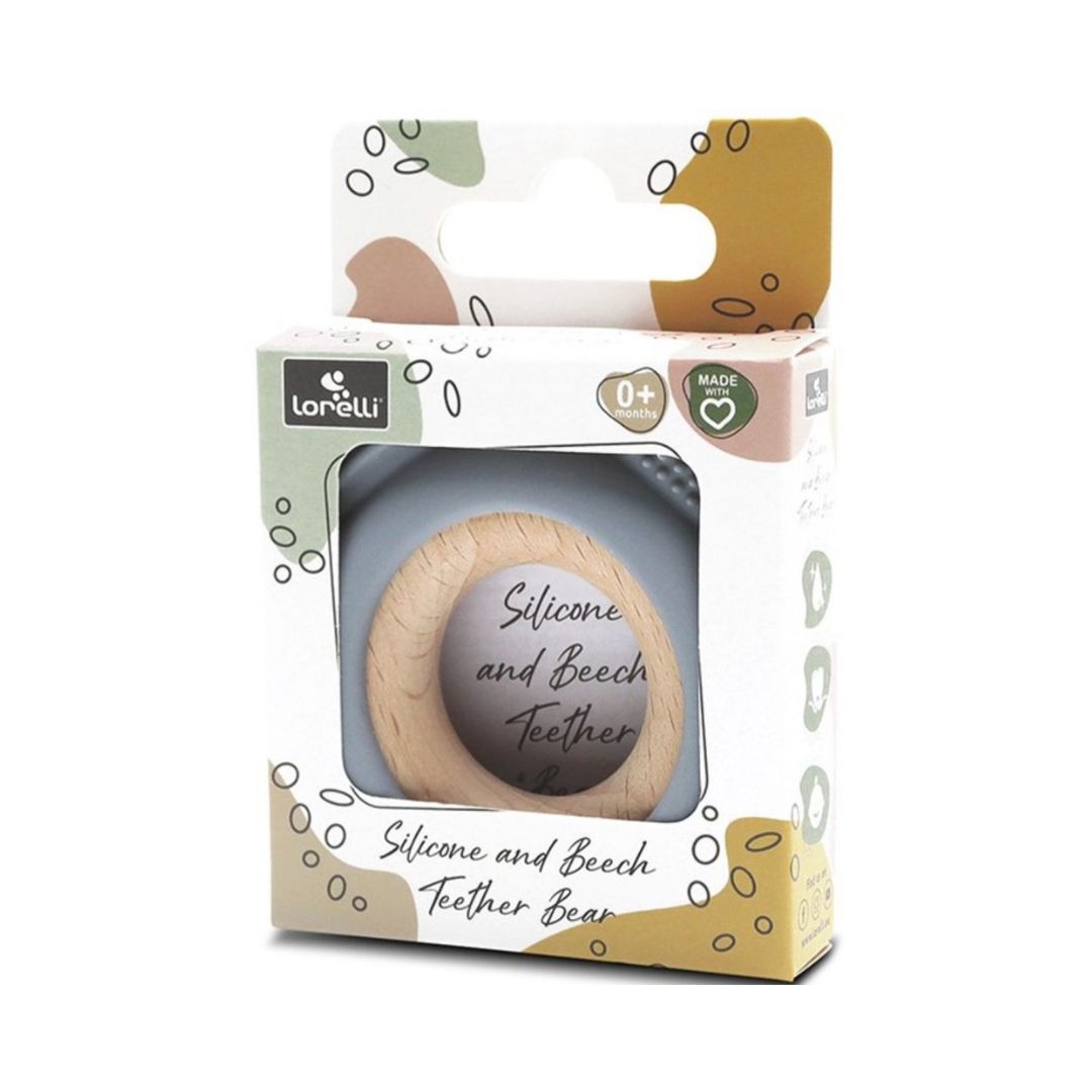 Jucărie Gingivală Silicon și Lemn – Ursuleț Gri, 0 luni+