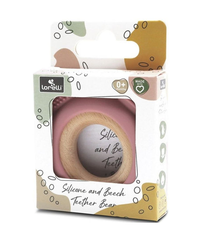 Jucărie Gingivală Silicon și Lemn – Ursuleț Roz, 0 luni+