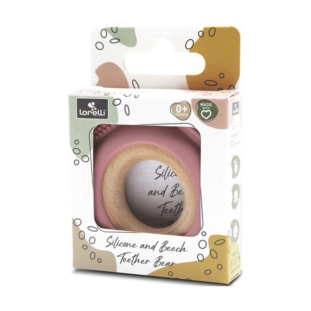 Jucărie Gingivală Silicon și Lemn – Ursuleț Roz, 0 luni+