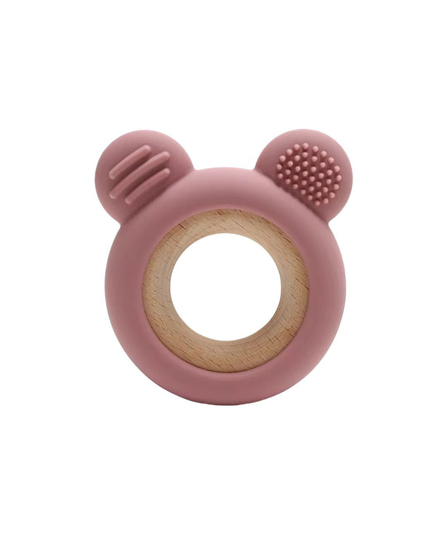 Jucărie Gingivală Silicon și Lemn – Ursuleț Roz, 0 luni+