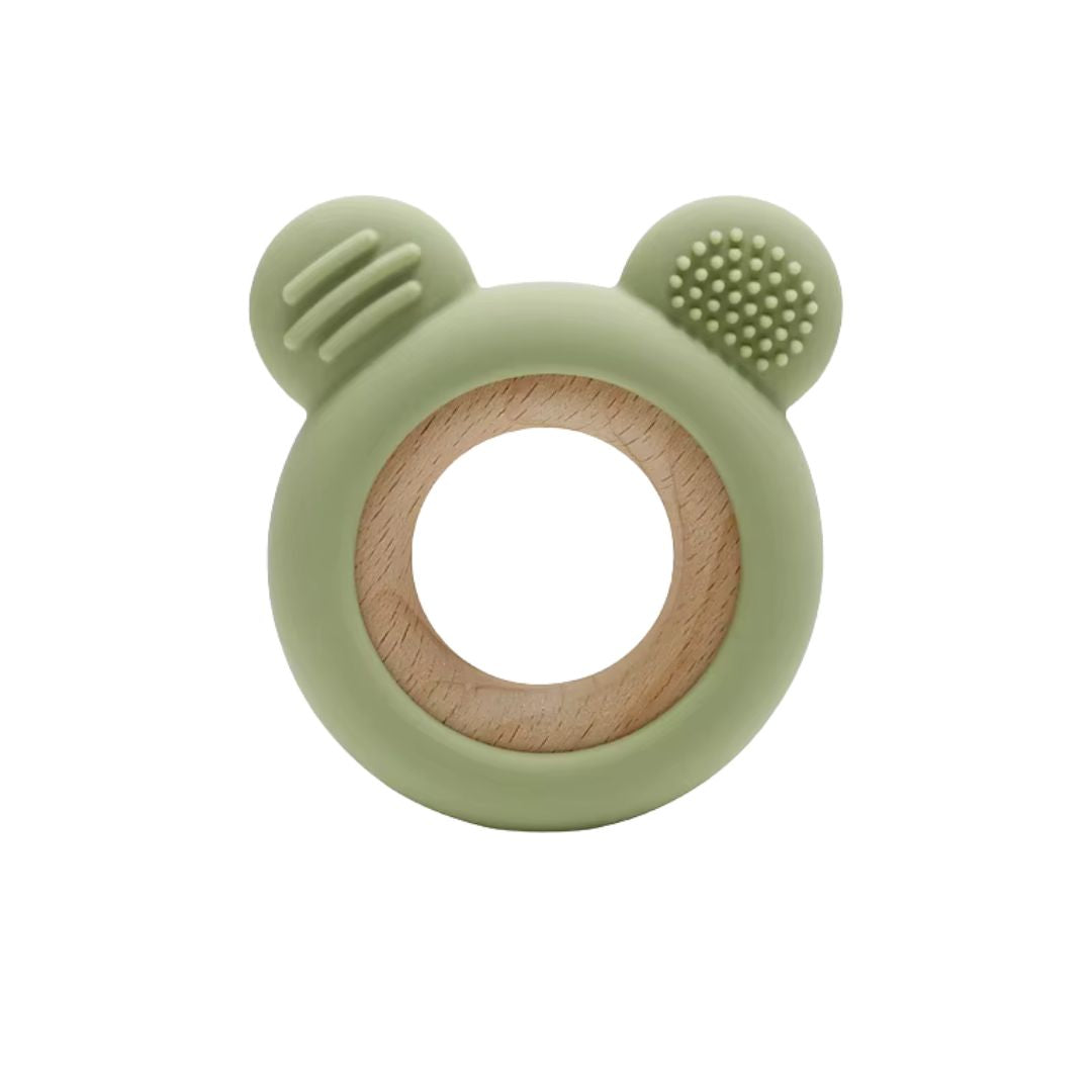 Jucărie Gingivală Silicon și Lemn – Ursuleț Verde, 0 luni+