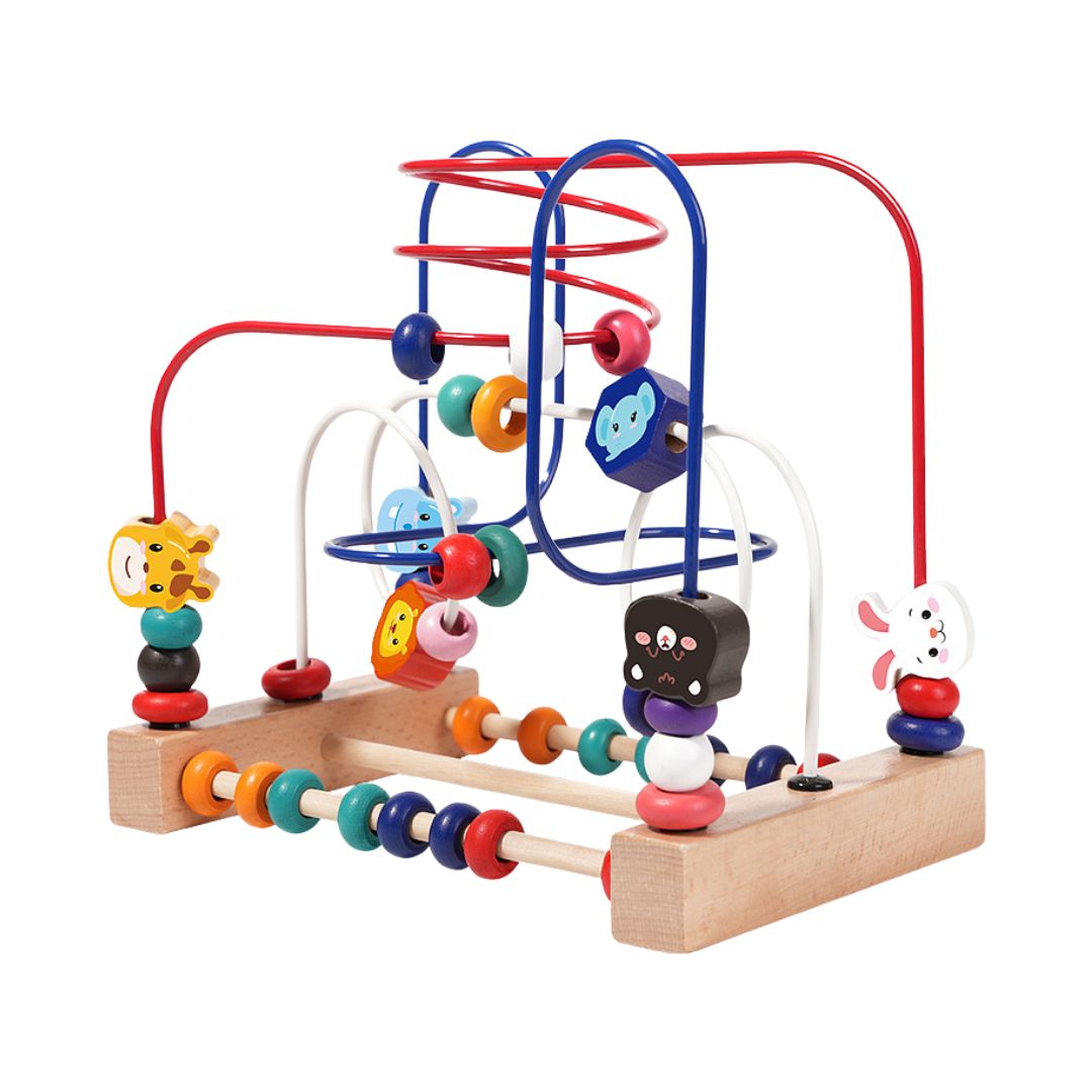 Labirint Montessori din lemn cu mărgele și forme 3D – Animale și