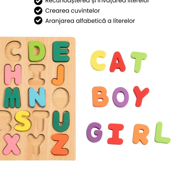 Puzzle Incastru din lemn, 26 Litere 3D - Bebeboo - Totul pentru copii. Jucării, Hăinuțe, Perne, Mobilier, Textile