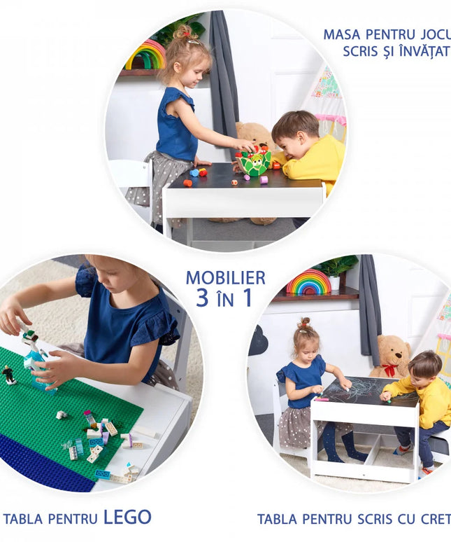 Masa cu scaune pentru copii si tabla compatibila cu piese LEGO, din MDF, Sertare Depozitare, Organizator Jucarii, Tabla de Scris, Desenat, Studiat. Alb cu gri, 3-6 ani